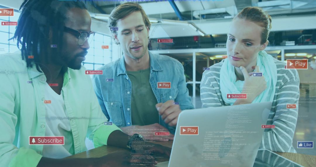 Diverse Tech Team Collaborating in Modern Loft Office with Digital Overlay