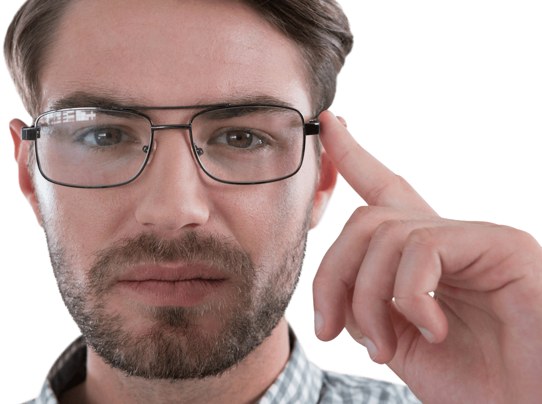 Transparent Background Man with Glasses Touching Frame Contemplatively