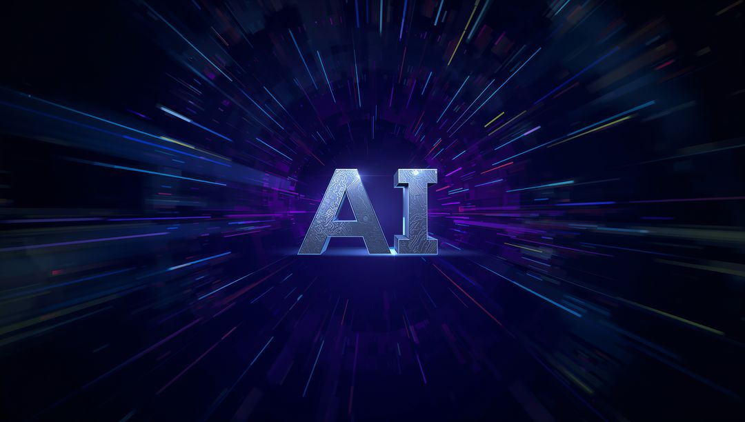 Glowing Metallic AI Letters Radiating Neon Data Tunnel with Radial Speed Light Streaks