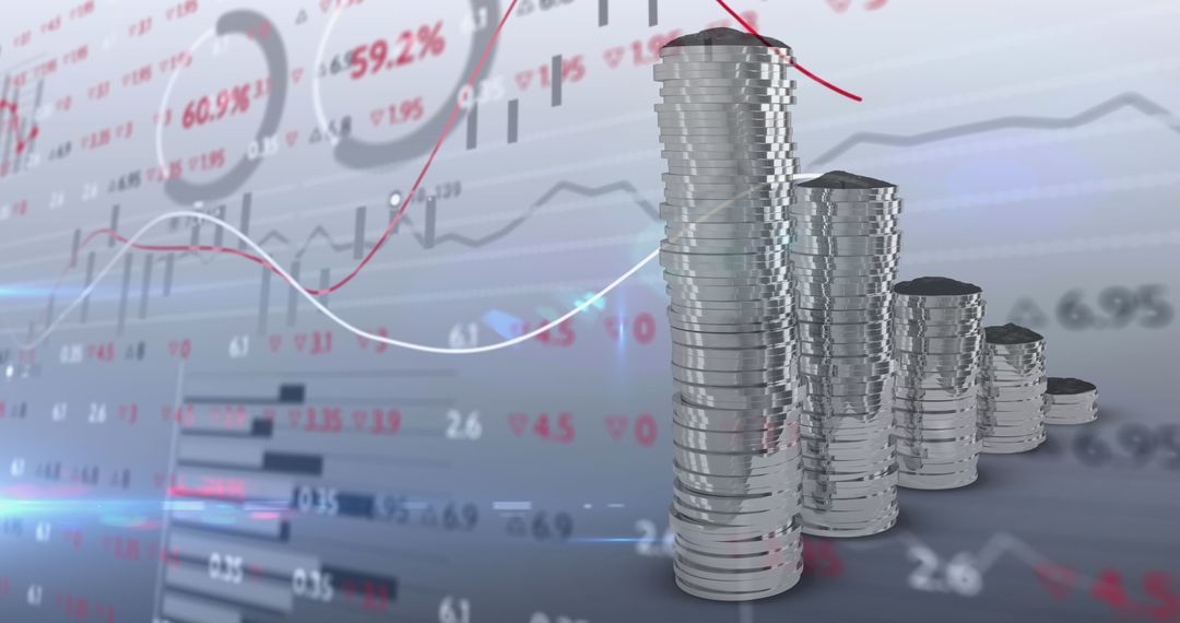 Digital Currency Growth Data with Stacks of Silver Coins