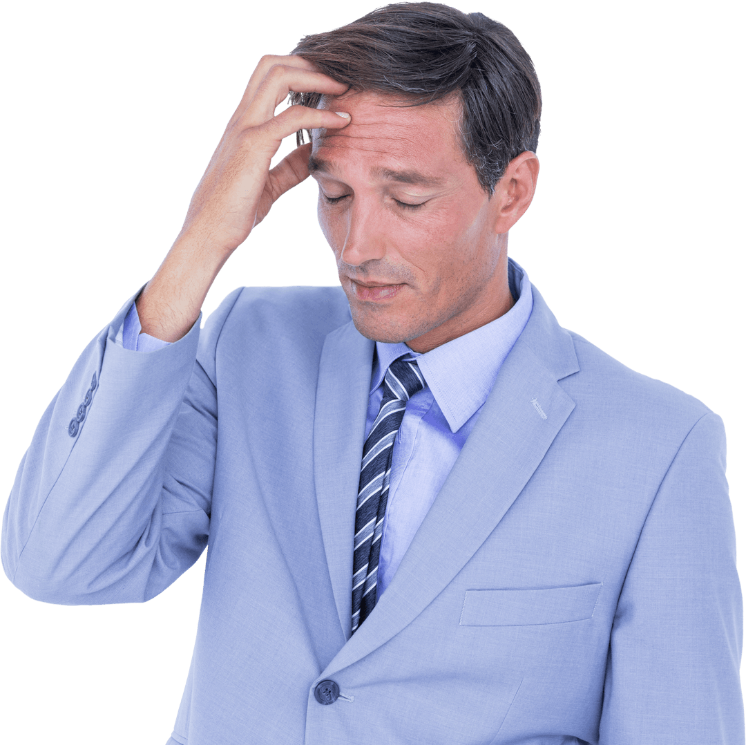 Transparent Stressed Businessman Touching Forehead