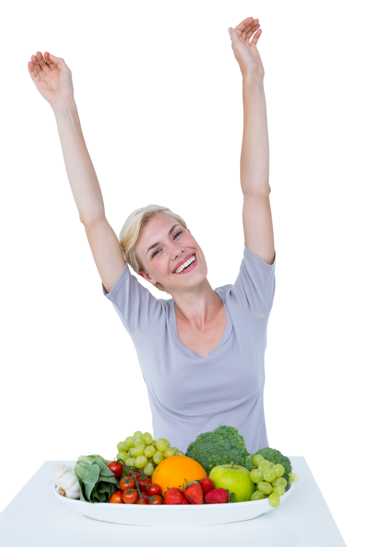 Transparent happy woman celebrating over healthy vegetables and fruits - Download Free Stock Images Pikwizard.com