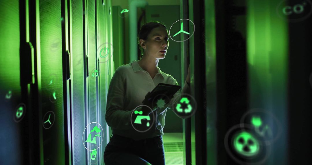 Businesswoman Analyzing Data in Eco-Friendly Server Room