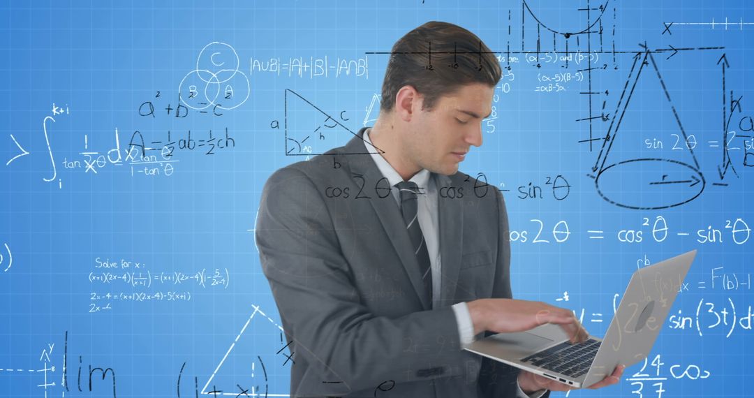 Businessman Analyzing Data with mathematical equations in background