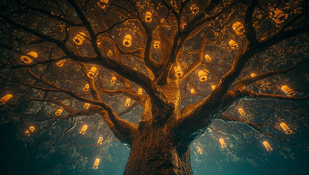 Mystical Tree with Lanterns in Enchanting Forest