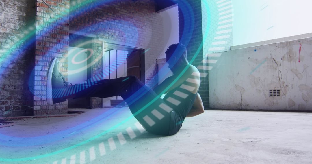 Athletic Man Performing Core Exercises in Futuristic Overlay
