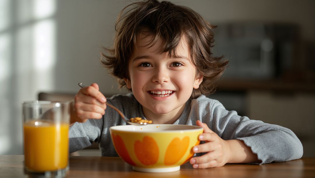 Smiling boy enjoying cereal breakfast at kitchen table with orange juice and heart bowl