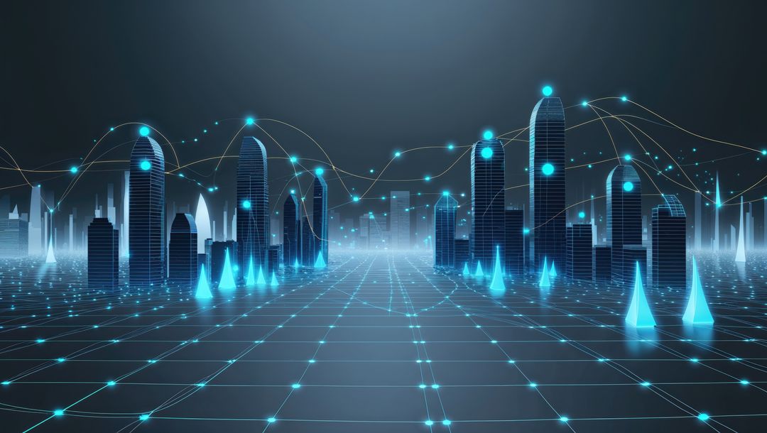 Innovative Digital Cityscape with Neon Grid and Technology Elements