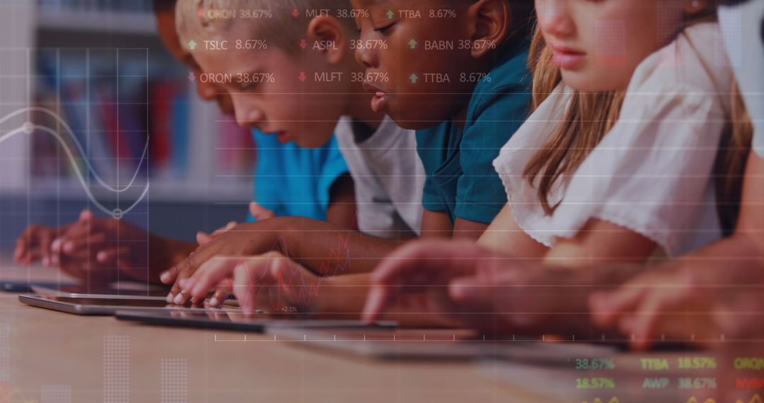 Diverse Students Learning with Tablets and Financial Data Overlay