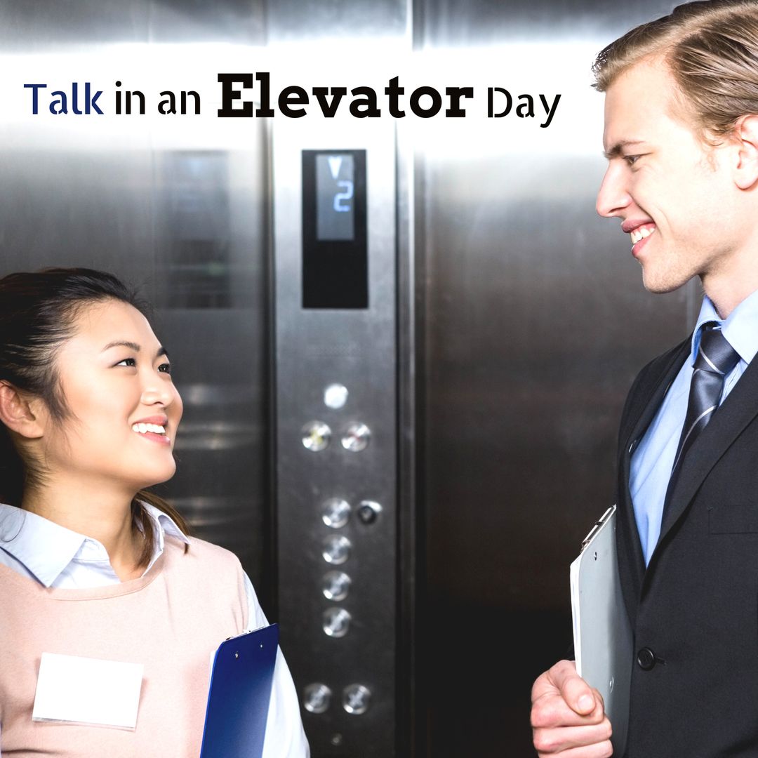 Smiling colleagues exchanging conversation in elevator