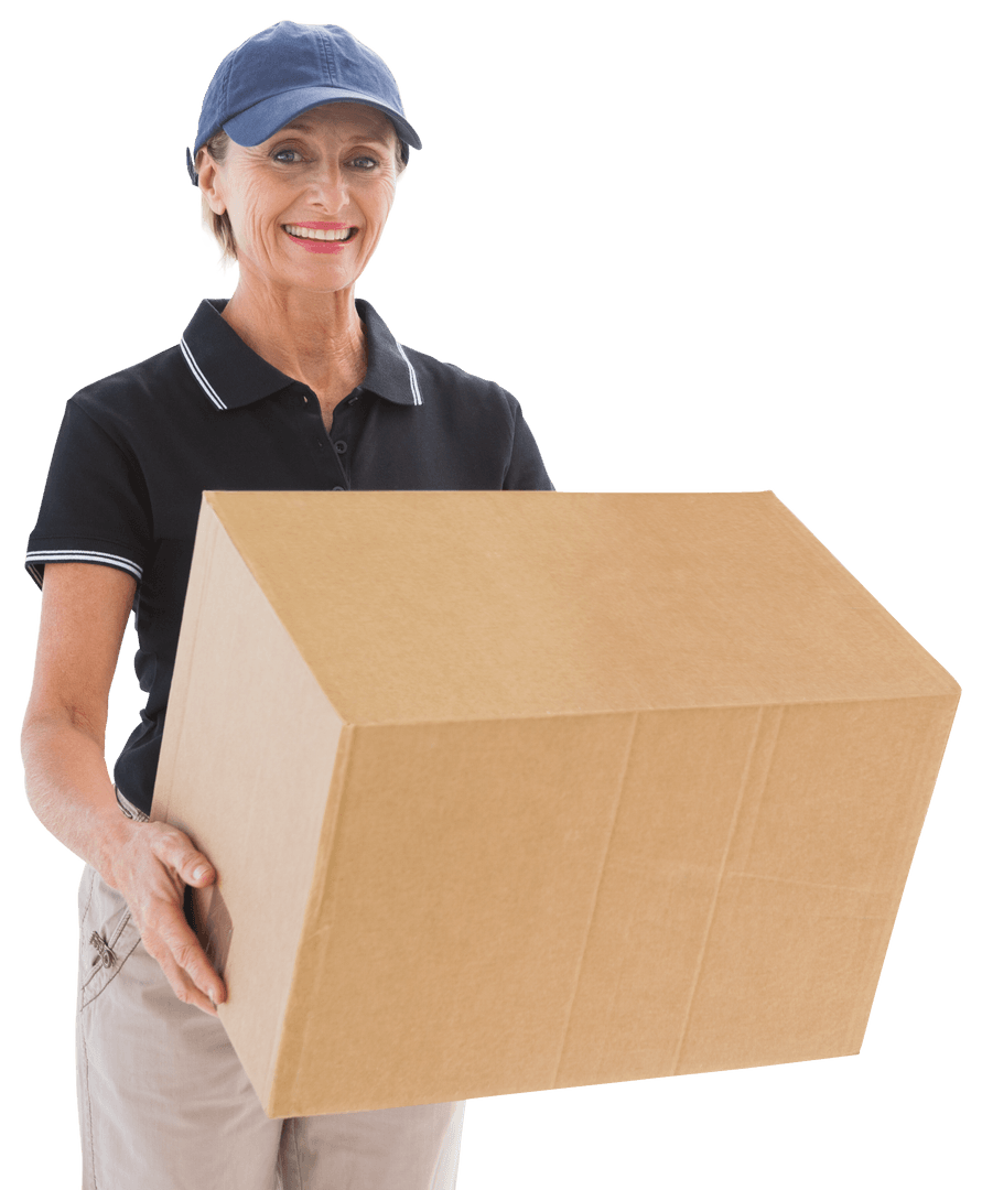 Transparent Delivery Woman Smiling and Carrying Cardboard Box
