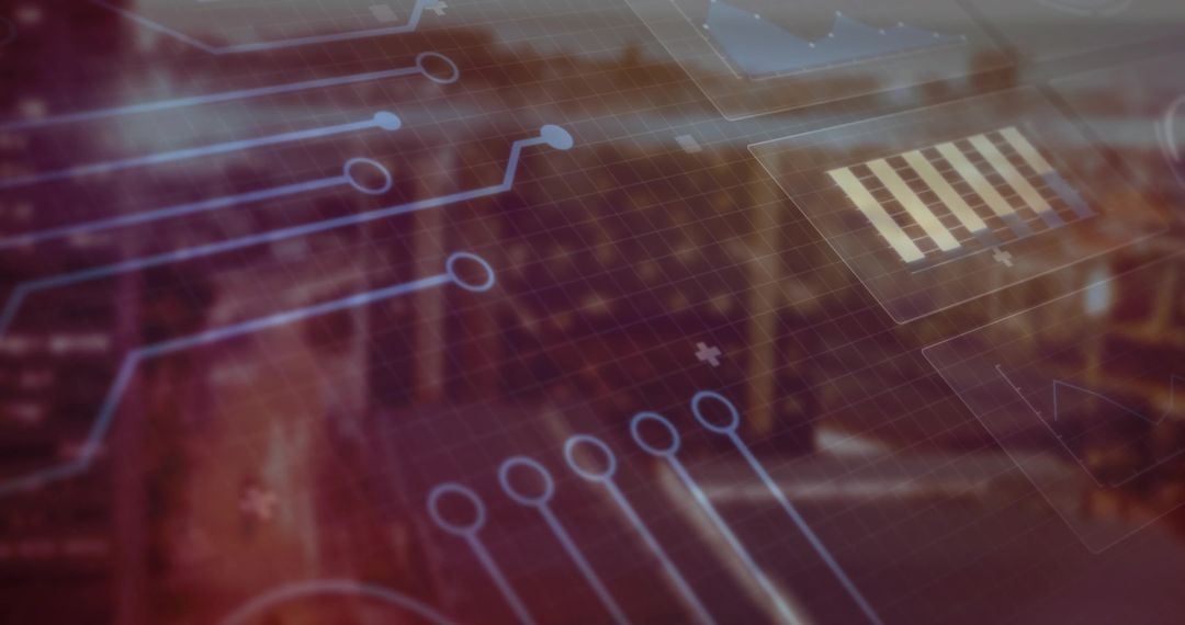 Digital Circuit Overlay on Blurred Urban Landscape