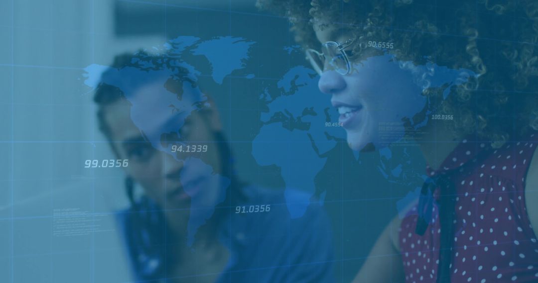 Colleagues Collaborating with Technology and World Map Hologram