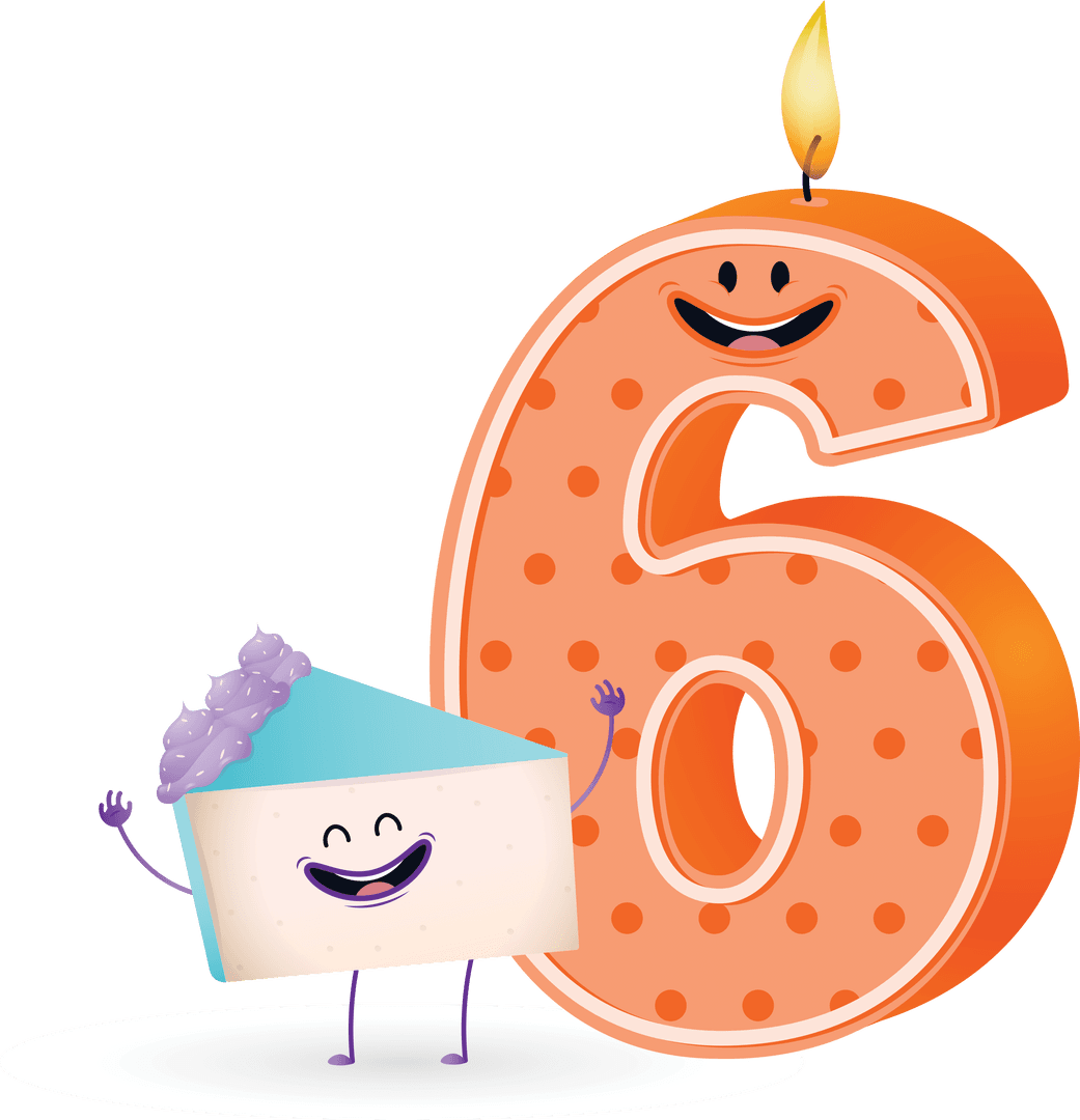 Cheerful 6th Birthday Cake with Candle on Transparent Background