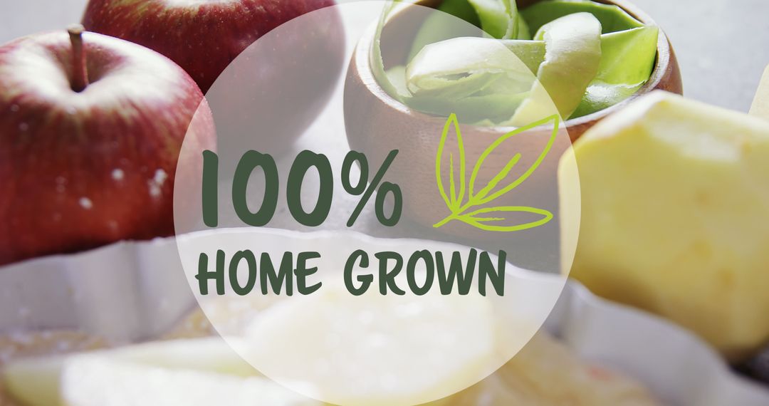 100% Home Grown Vegan Food with Fresh Apples and Text Overlay