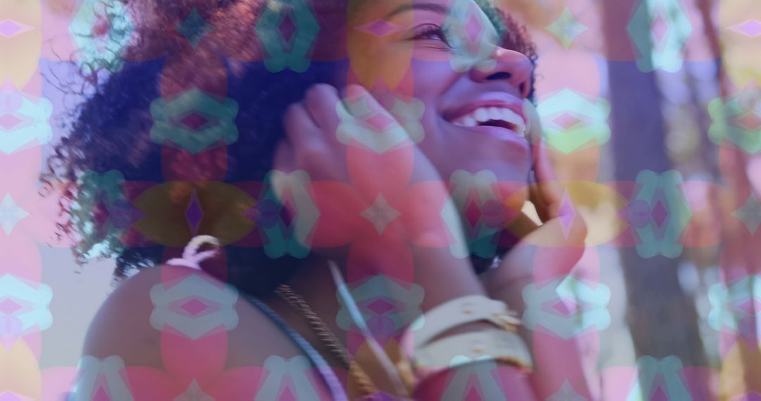 Smiling Woman with Headphones and Vibrant Digital Patterns