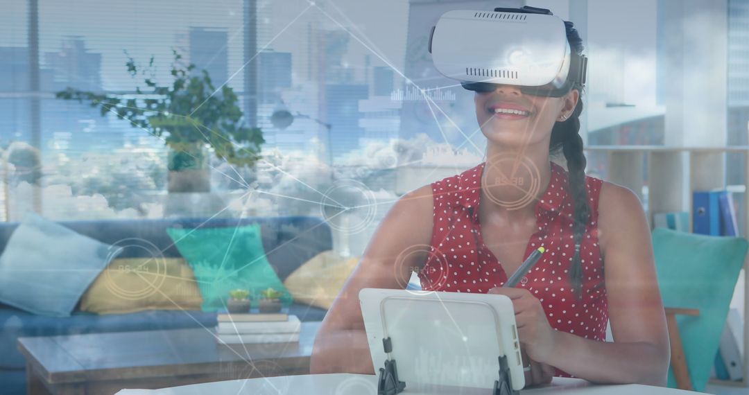 Woman Using Virtual Reality Headset at Home in Modern Living Room - Free Images, Stock Photos and Pictures on Pikwizard.com