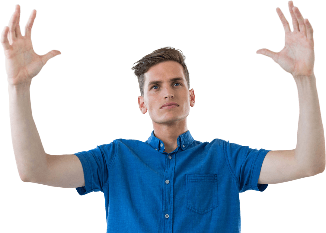 Man in Blue Shirt Raising Hands on Transparent Background