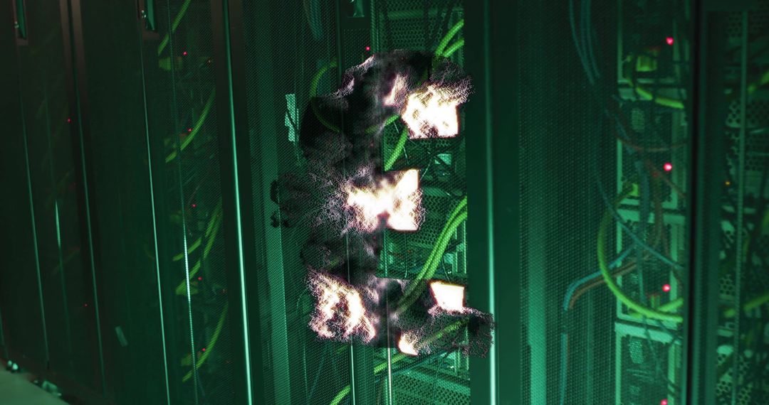 Pound Sterling Symbol with Digital Distortion Over Server Racks