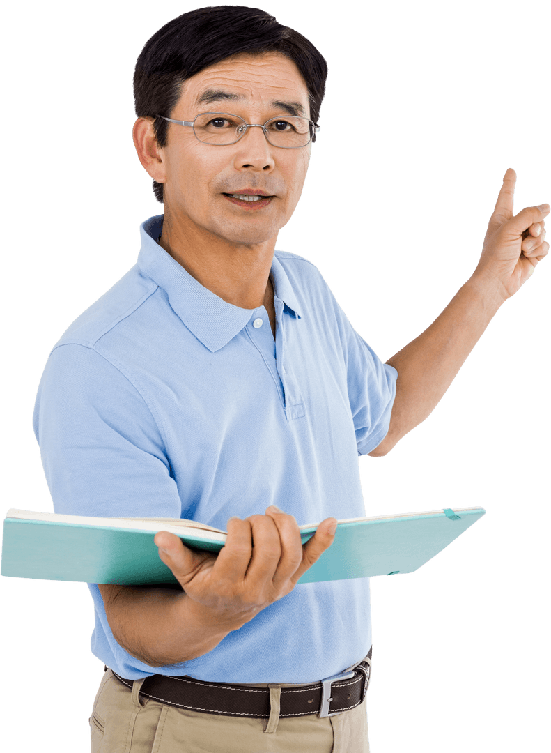 Elderly Man in Glasses Pointing with Clipboard Isolated Transparent Cutout