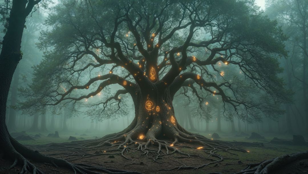 Enchanted dreaming tree with glowing runes in misty forest clearing