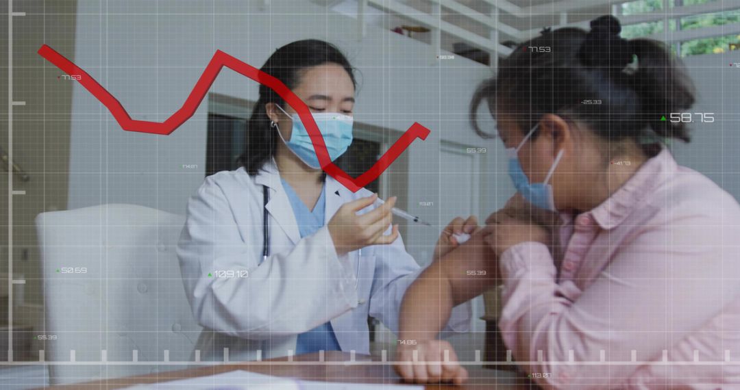Korean clinician administering vaccine to child in clinic with data visualization overlay