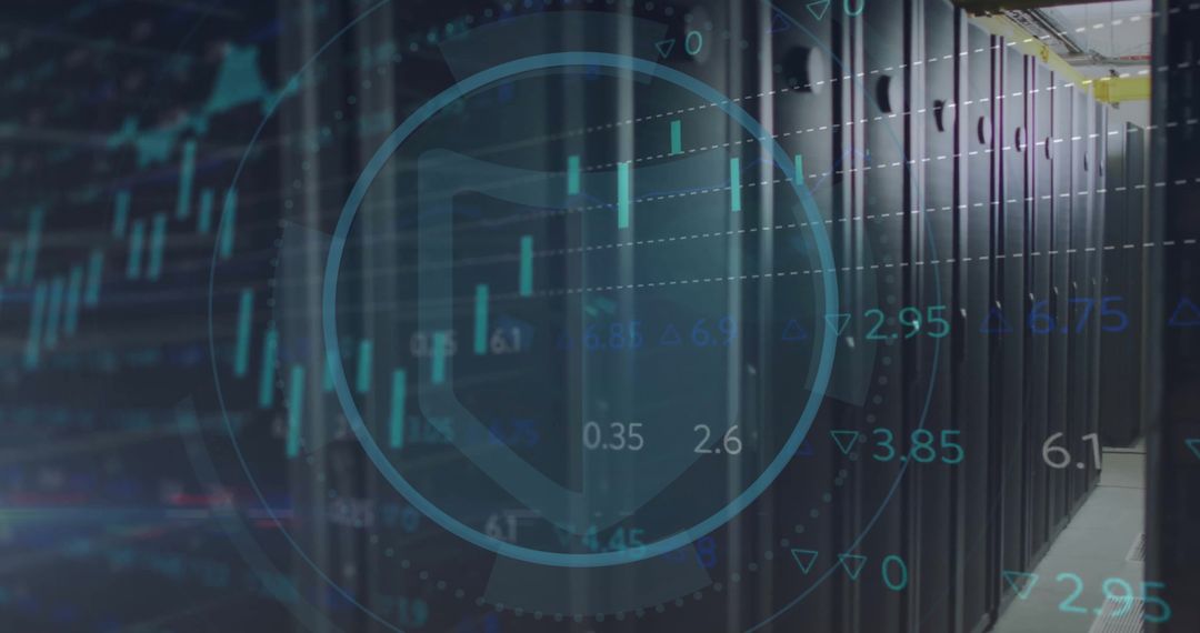Data Processing and Cybersecurity in Server Room with Digital Overlay
