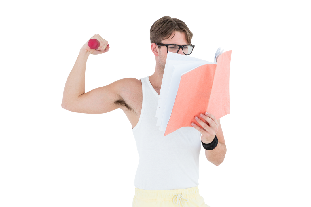 Transparent Geeky Hipster Lifting Dumbbells While Reading - Download Free Stock Images Pikwizard.com