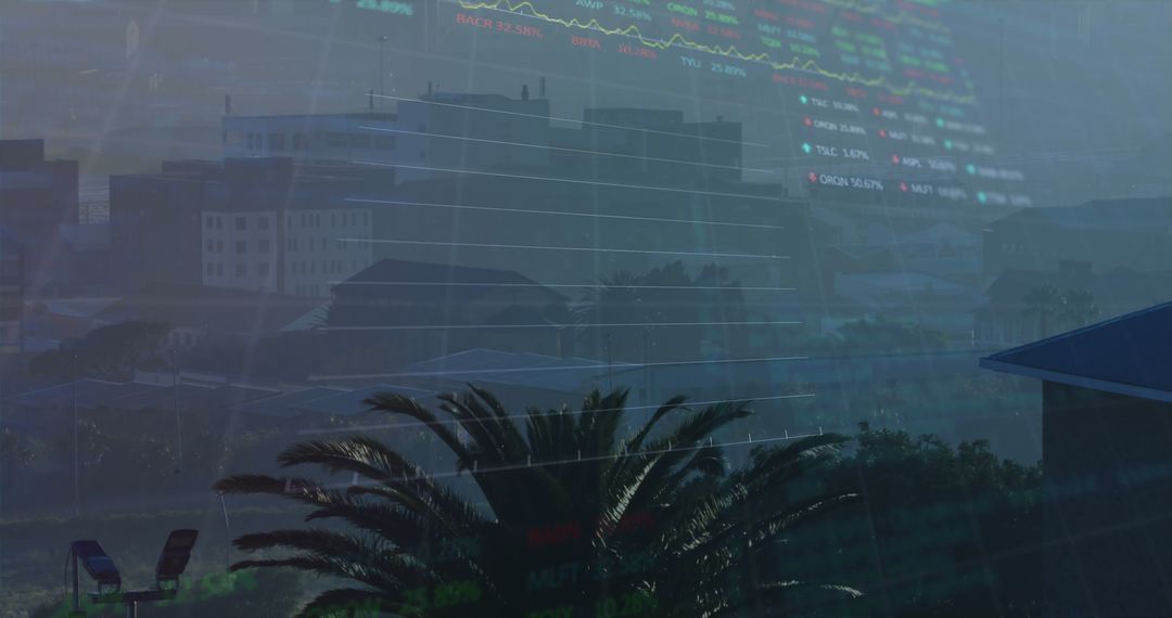 Financial Data Overlay on Urban Skyline with Digital Displays