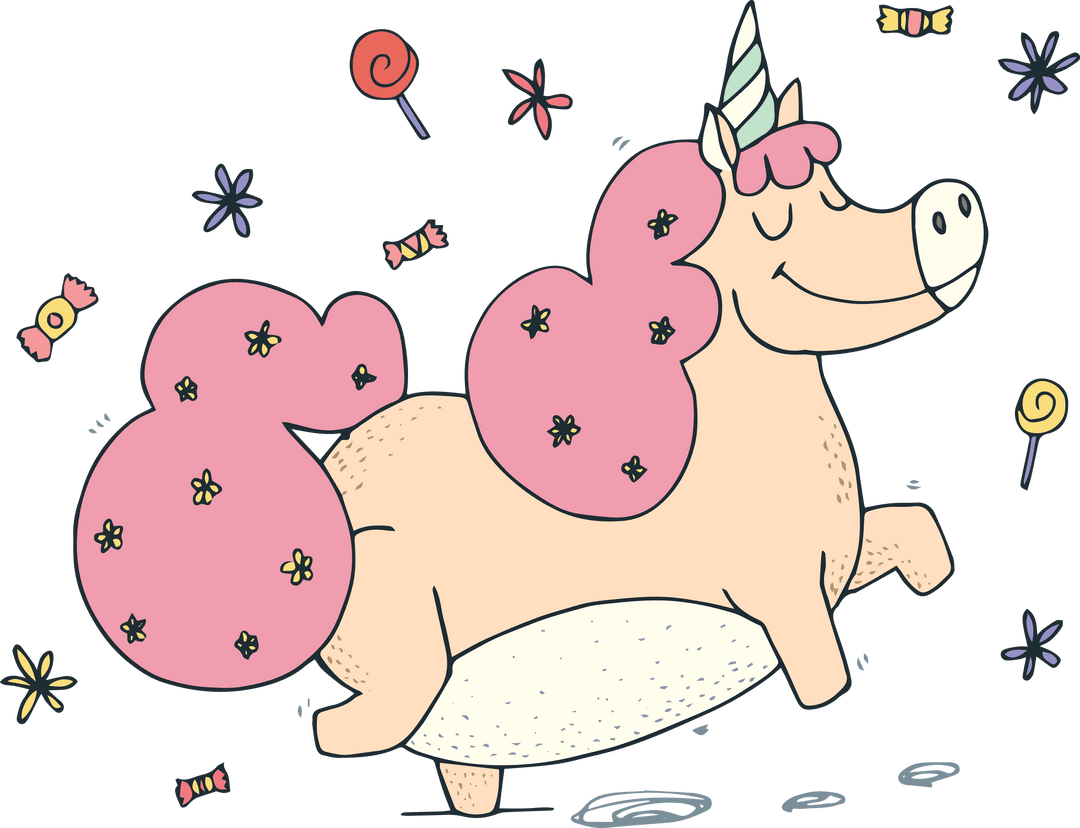 Happy Unicorn Among Colorful Sweets on Transparent Background