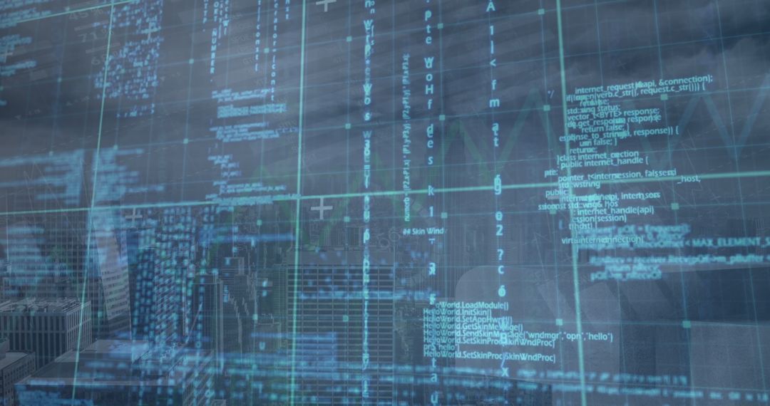 Digital Cityscape with Coding Overlay Against Cloudy Sky