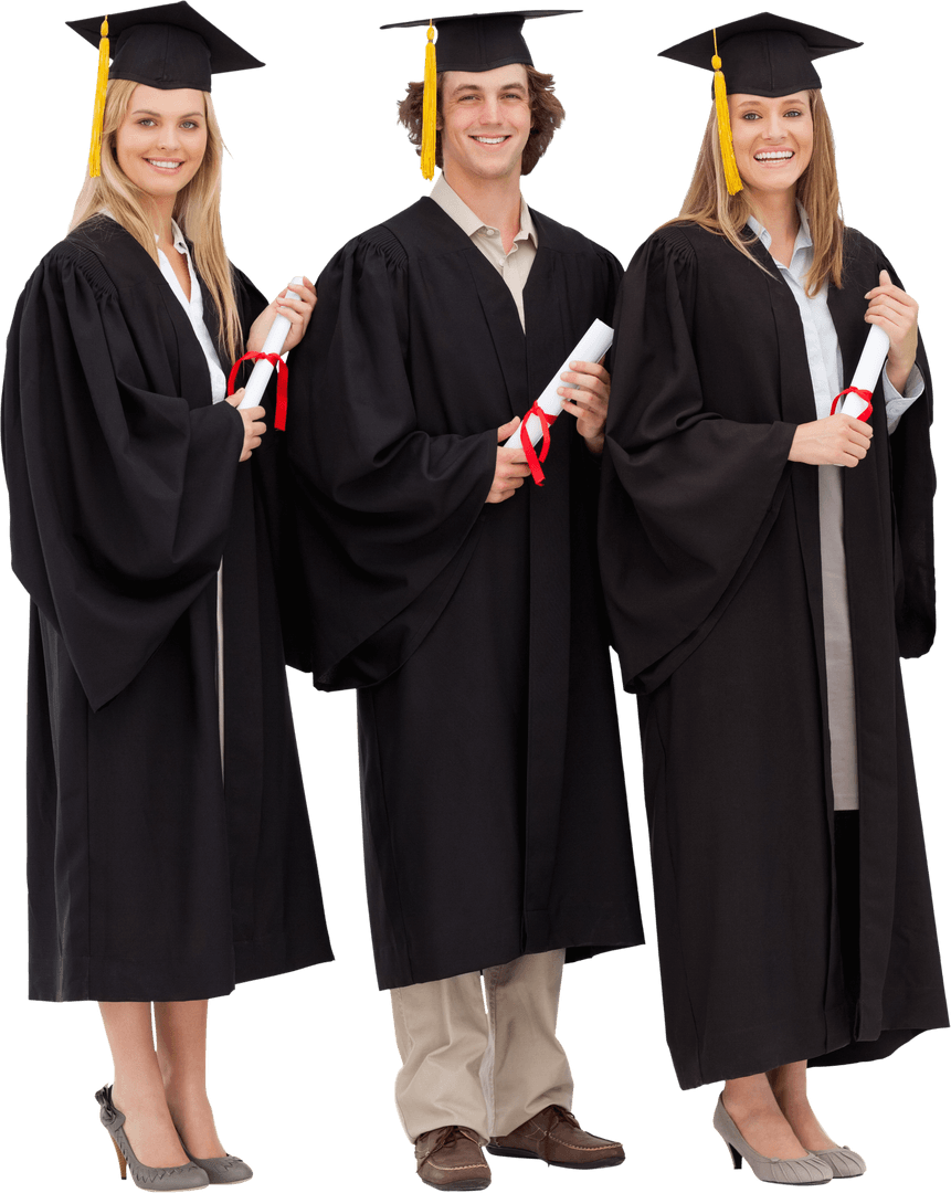Transparent Grads Celebrating in Caps and Gowns Holding Diplomas