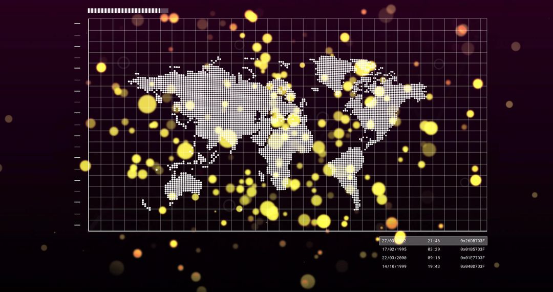 Dot-matrix world map dashboard with glowing golden bokeh and data-readout overlay