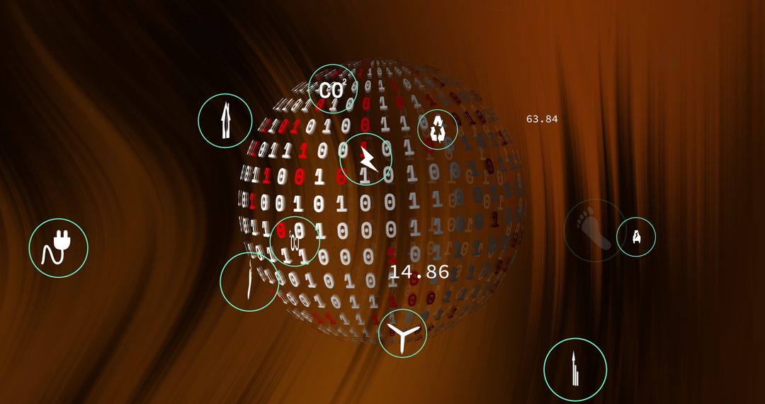 Binary Code Sphere with Tech Icons for Cybersecurity and Innovation
