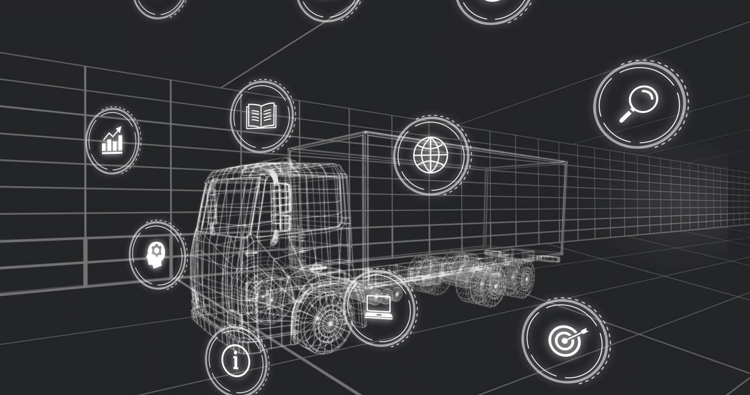 Wireframe Truck in Virtual Grid Environment with Digital Network Icons