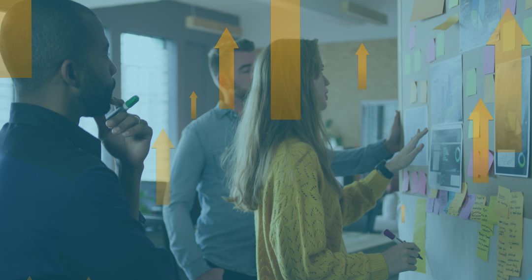 Diverse Colleagues Strategizing with Rising Data Arrows Overlay