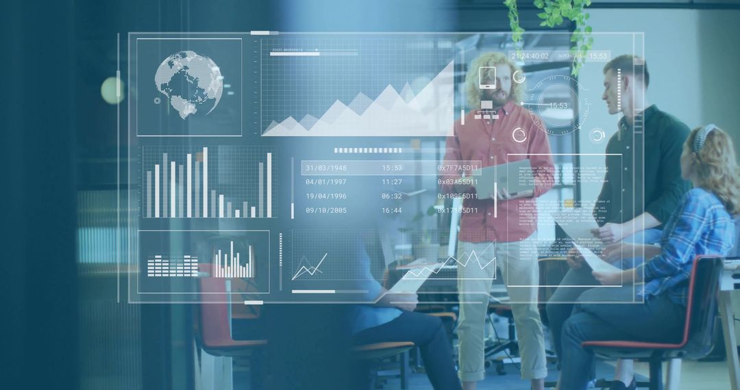 Team Collaborating Over Interactive Data Dashboard on Glass Wall in Modern Office