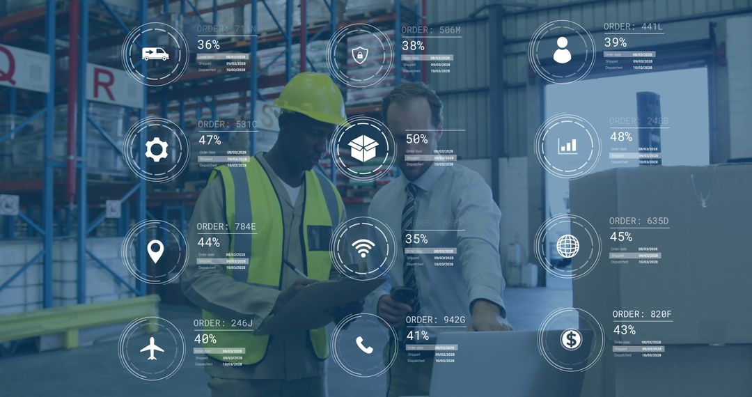 Colleagues Analyzing Augmented Reality Data in Modern Warehouse