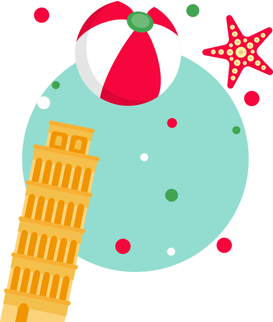 Whimsical Transparent Travel Elements with Tilted Tower and Beach Theme