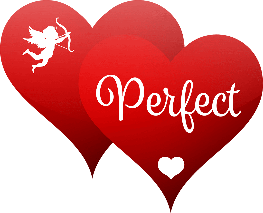 Two Red Hearts with Cupid Silhouette and Perfect Text on Transparent Background