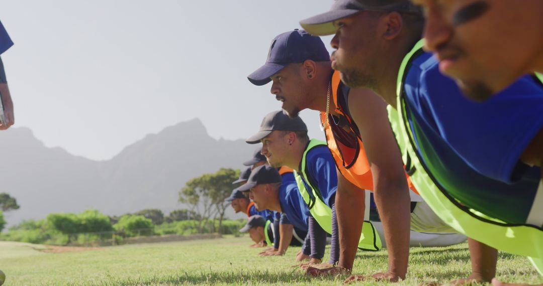 Athletes Lined Up for Training Drill in Sunny Outdoor Field - Free Images, Stock Photos and Pictures on Pikwizard.com