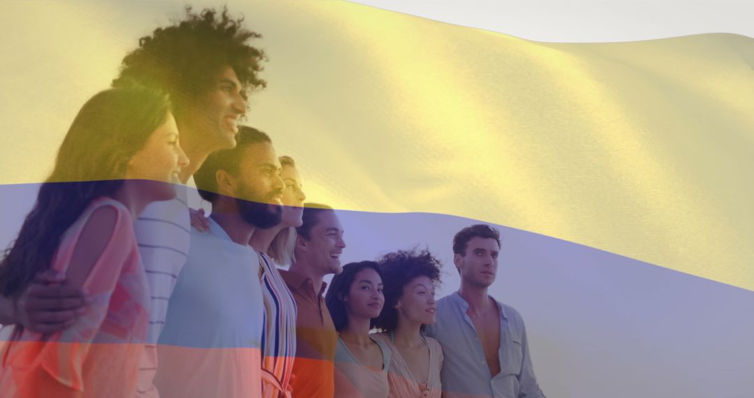 Diverse Friends Embracing Under Colombian Flag Overlay by Sea