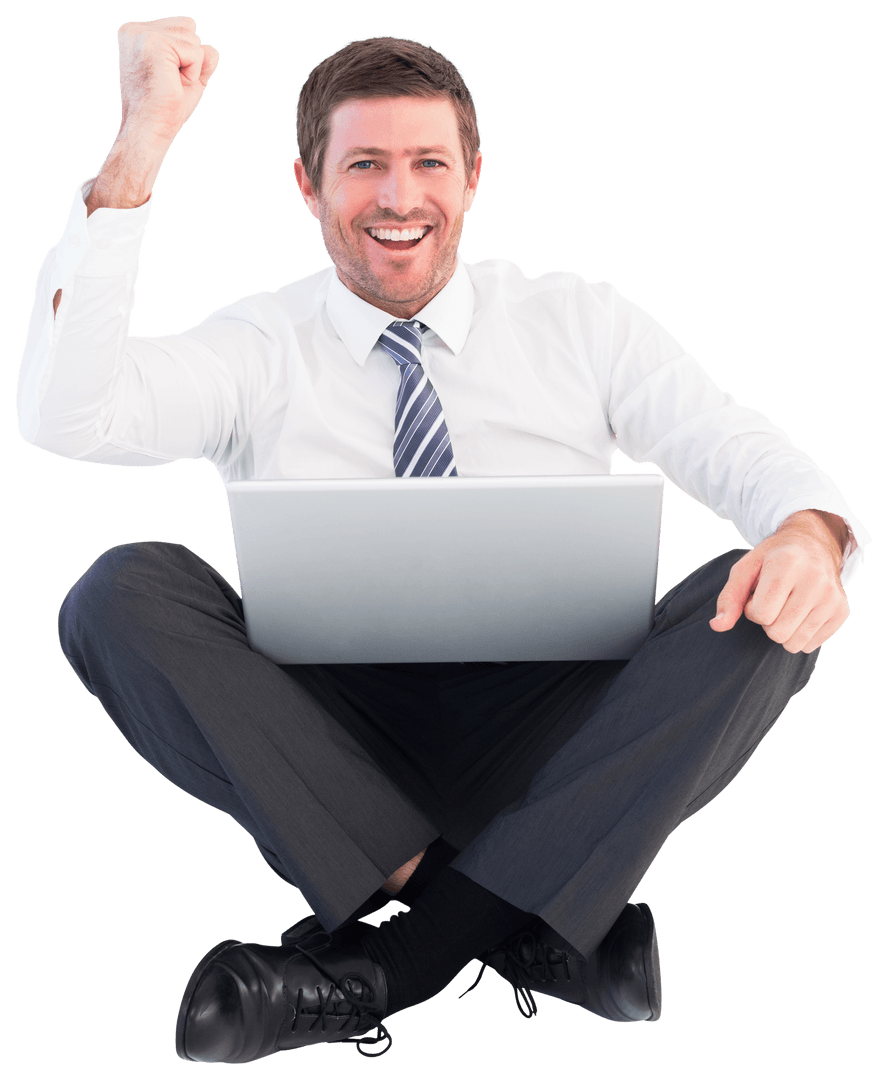 Transparent Cheerful Businessman Using Laptop While Sitting Cross-Legged