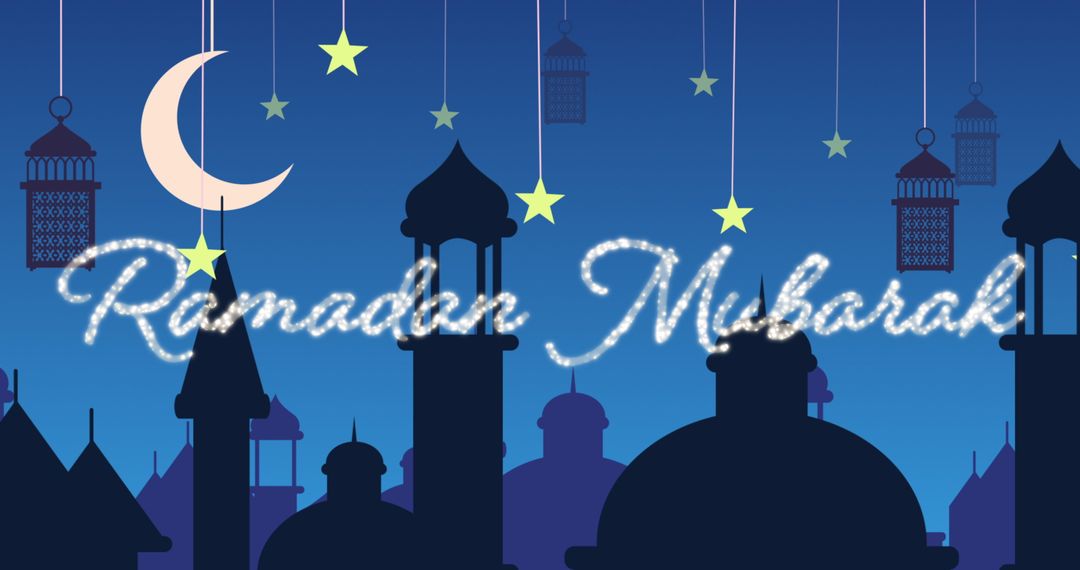 Ramadan Mubarak Wishes Over Mosque and Lantern Silhouette - Free Images, Stock Photos and Pictures on Pikwizard.com