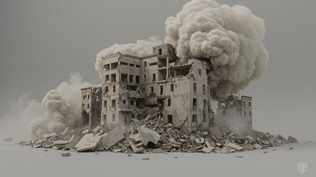 Abandoned Building Demolition with Dust Clouds in Ruins