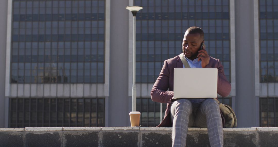 Businessman Balancing Technology and Leisure in Urban Environment