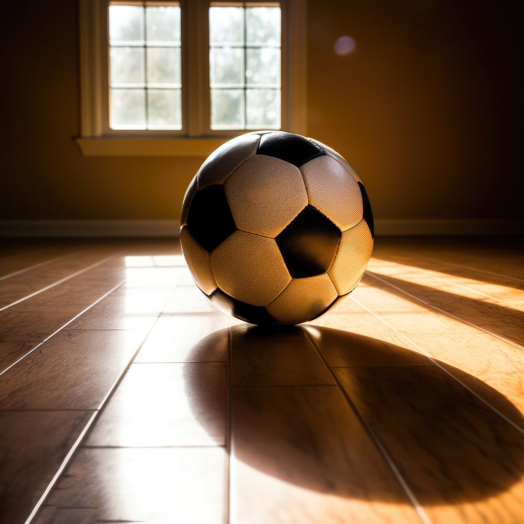 Close up of black and white football on wooden floor in room, created using generative ai technology - Free Images, Stock Photos and Pictures on Pikwizard.com