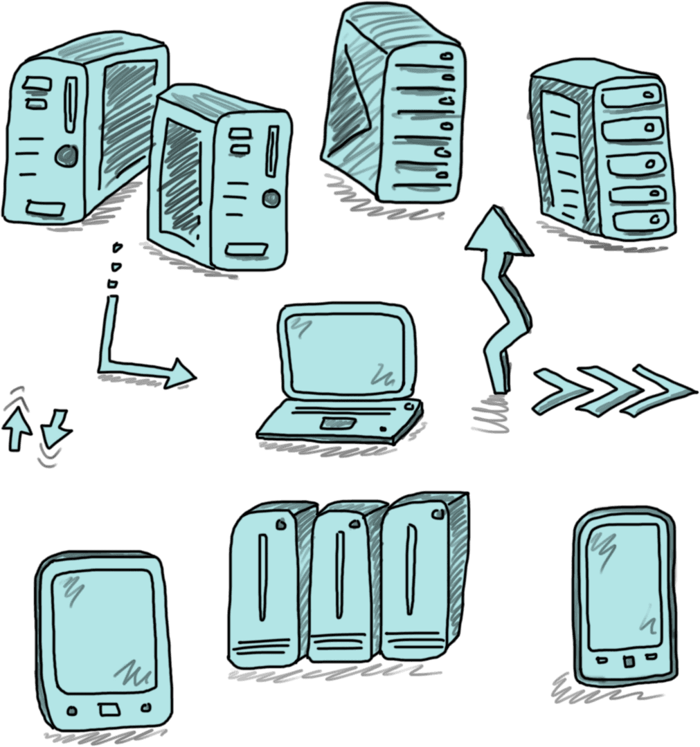 Transparent Digital Illustration of Computers and Arrows Technology Symbols