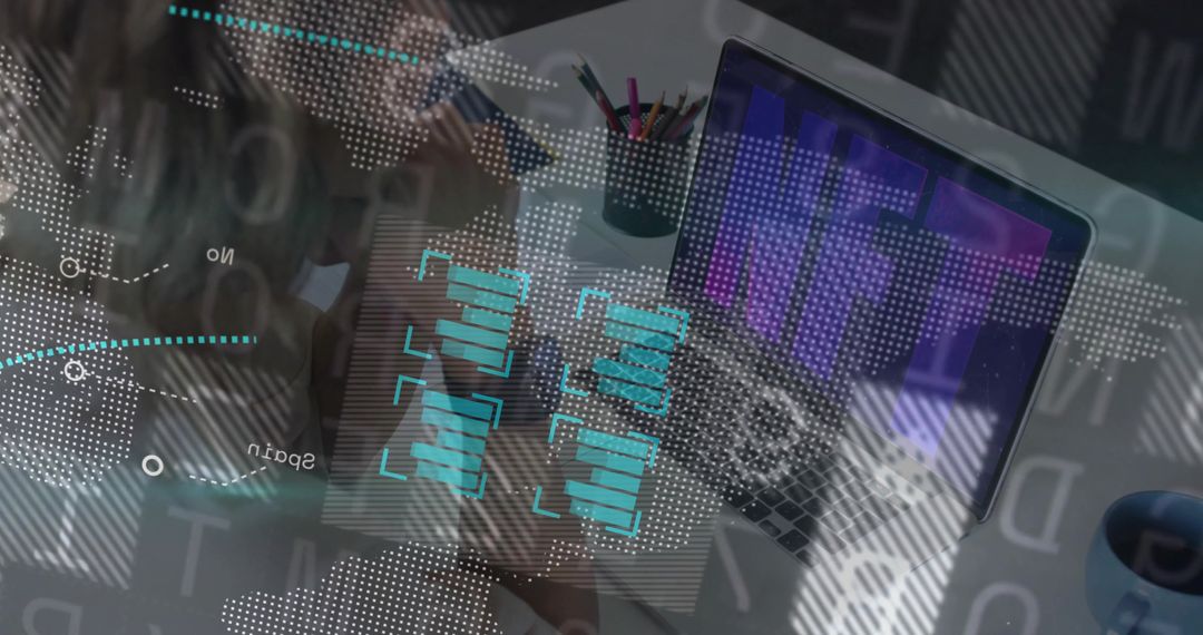 Businesswoman Analyzing Data on Laptop with Digital Visualizations