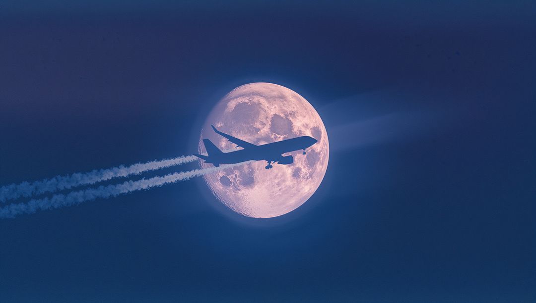 Silhouetted Commercial Jet Passing Full Moon at Twilight